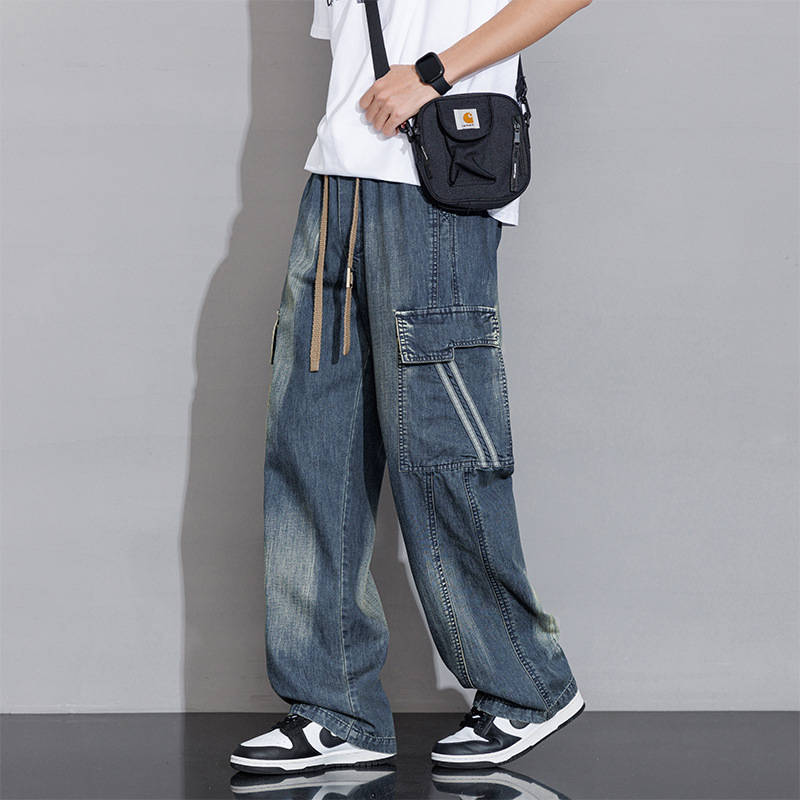 Muške traperice plus veličine, opuštenog ravnog kroja, s više džepova, workwear stil, gradient boje