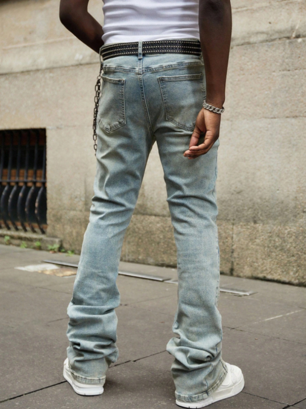 HME мъжки дънки - Европейски и американски стил, винтидж хай стрийт, slim fit, микро разширени крачоли, деним с детайл от веригата