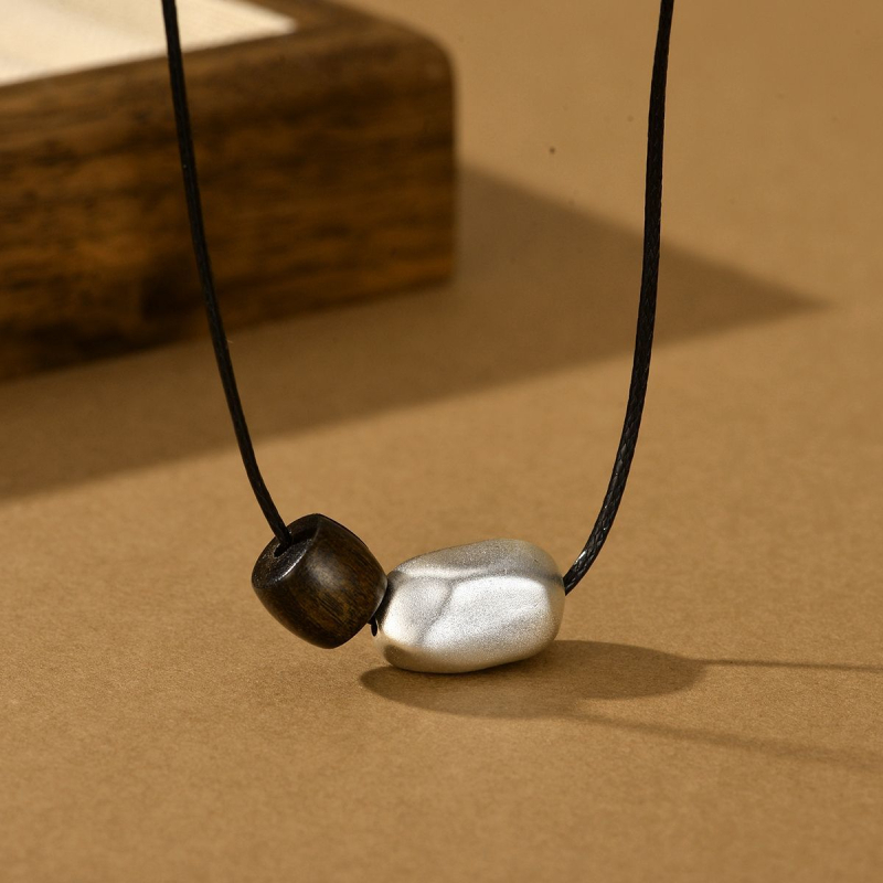 Ogrlica od sterling srebra s kuglicama agarwood na crnom užetu, pleteni lanac za klavikulu, unisex dizajn