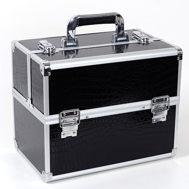 Портативен алуминиев козметичен кейс за съхранение на грим, многоетажен, едноцветен, двупластов дизайн, пълен комплект