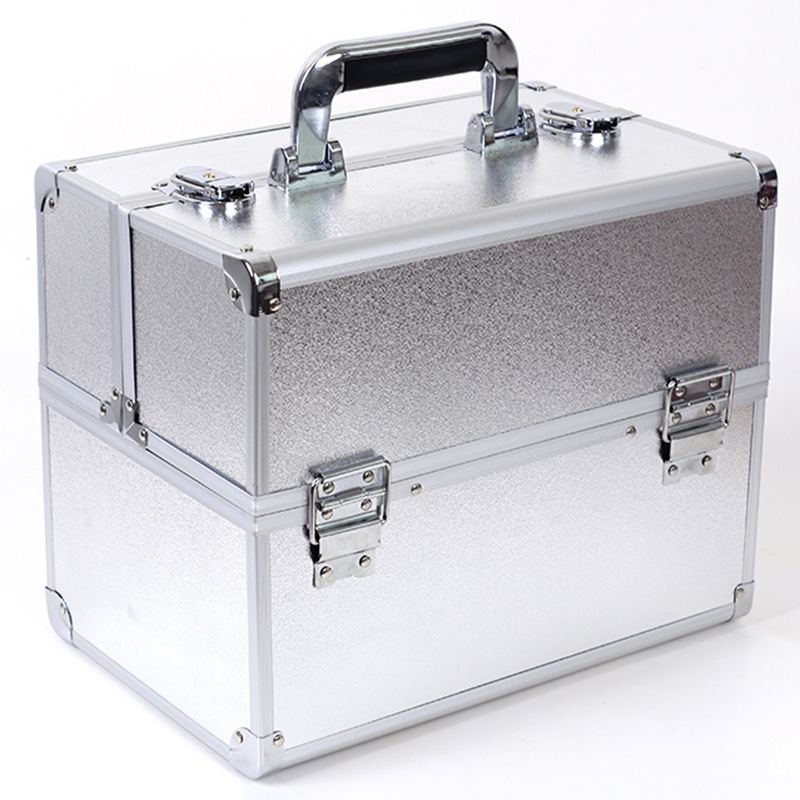 Портативен алуминиев козметичен кейс за съхранение на грим, многоетажен, едноцветен, двупластов дизайн, пълен комплект