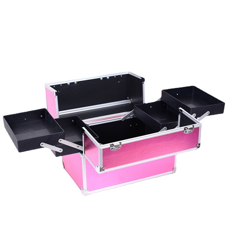 Портативен алуминиев козметичен кейс за съхранение на грим, многоетажен, едноцветен, двупластов дизайн, пълен комплект