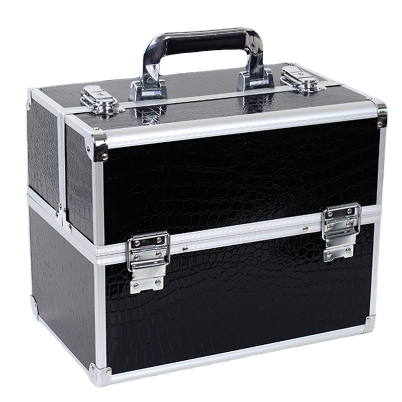 Портативен алуминиев козметичен кейс за съхранение на грим, многоетажен, едноцветен, двупластов дизайн, пълен комплект