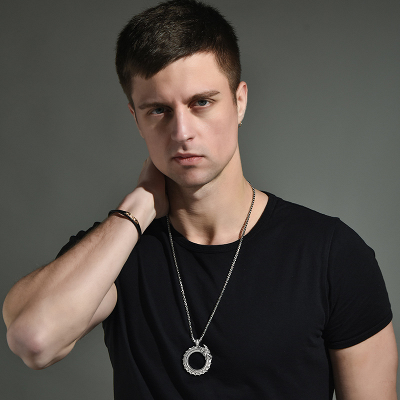 Muški ogrlica od titan čelika s privjeskom zmajevog prstena, punk hip-hop stil, box lanac