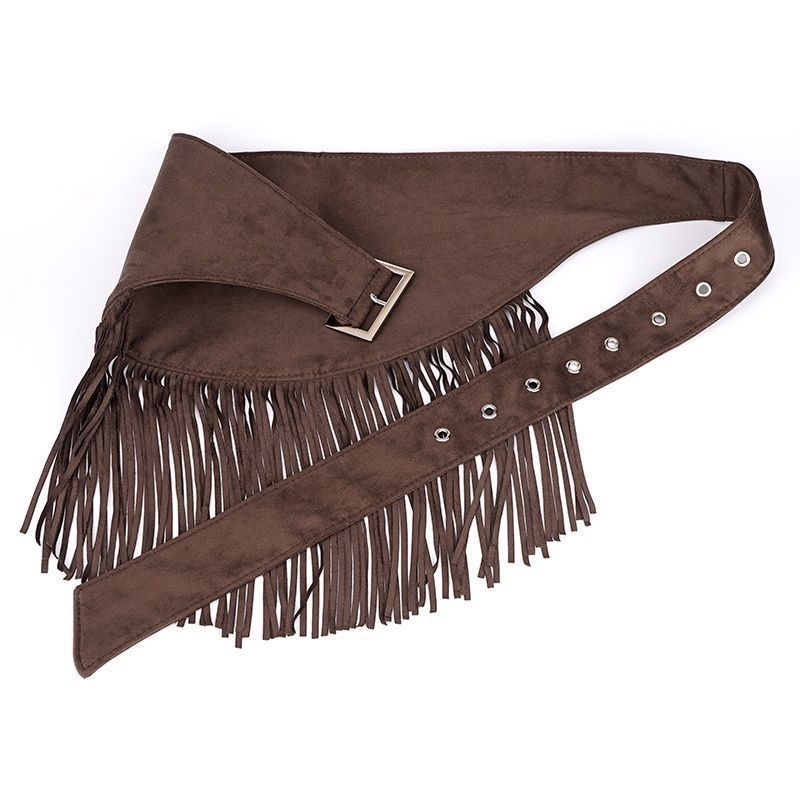 Smeđi kaiš od umjetne kože s resicama, široki pojas za boho haljinu