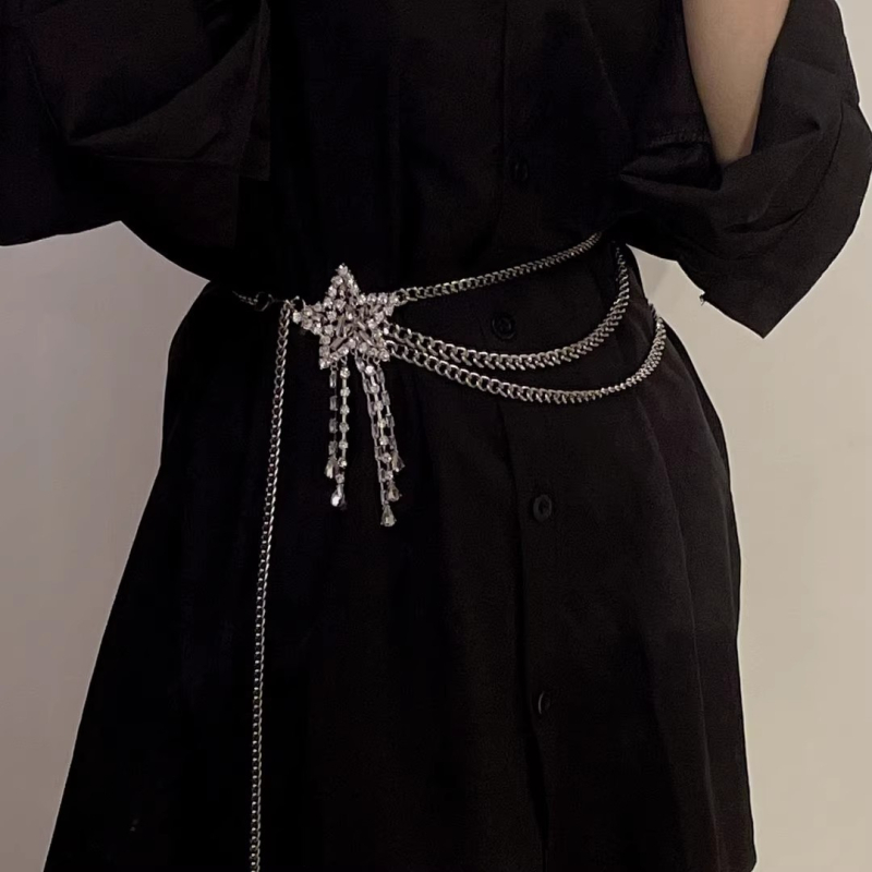 Metalni kaiš za struk od lančane mreže sa rhinestones, privjesak u obliku petokrake zvijezde i resice, za žene, svestran i moderan dodatak haljini