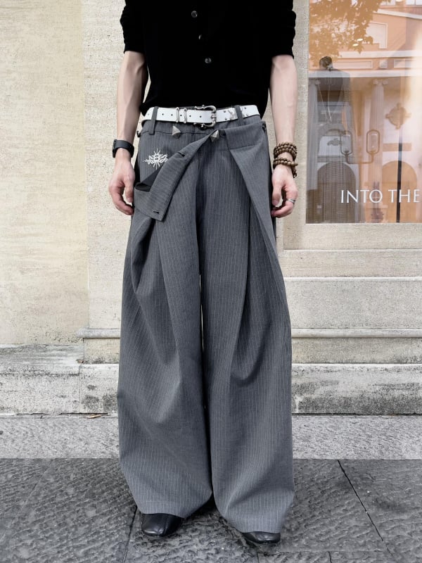 Pantalone s vezom dviju zmija i prugama, A-kroj, drapirana silueta, opuštene široke hlače, unisex, dugačke