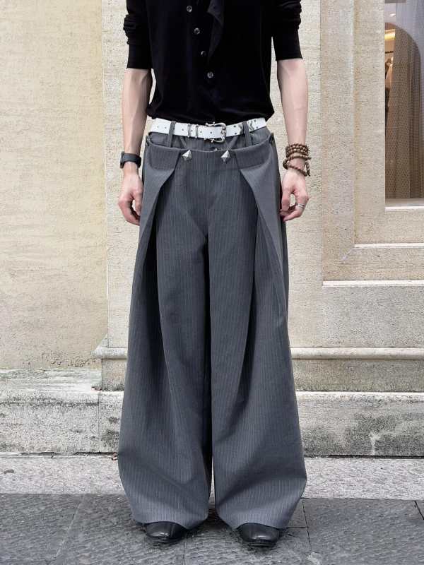 Pantalone s vezom dviju zmija i prugama, A-kroj, drapirana silueta, opuštene široke hlače, unisex, dugačke
