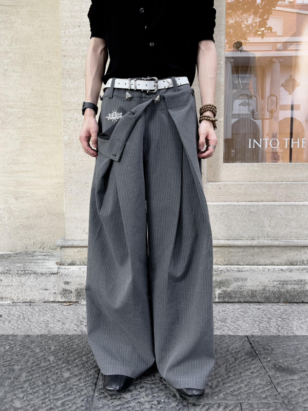 Pantalone s vezom dviju zmija i prugama, A-kroj, drapirana silueta, opuštene široke hlače, unisex, dugačke