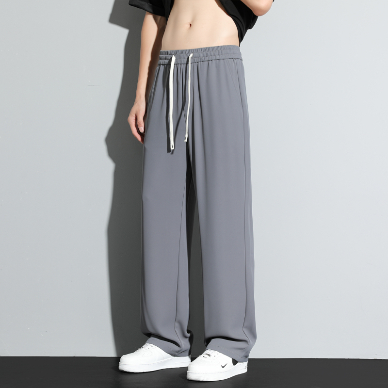 Muške hlače s vrpcom, opuštene, ravnog kroja, široke nogavice, ice silk materijal, elastičan pojas, casual, visoka kvaliteta