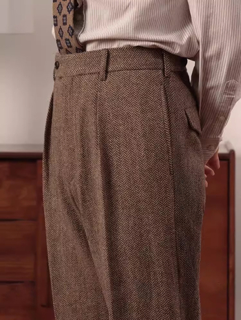 Мъжки италиански slim-fit панталони с двойни плисиета, прав силует, ежедневни дълги панталони, есенно-зимни, рибена кост