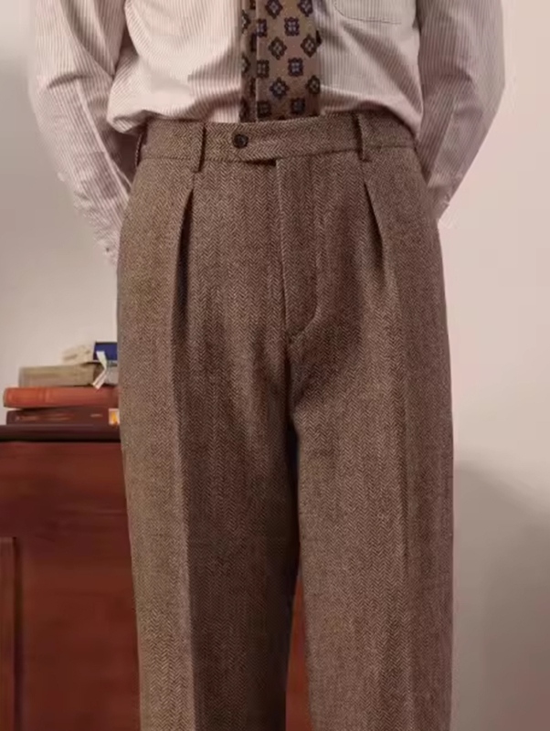 Мъжки италиански slim-fit панталони с двойни плисиета, прав силует, ежедневни дълги панталони, есенно-зимни, рибена кост