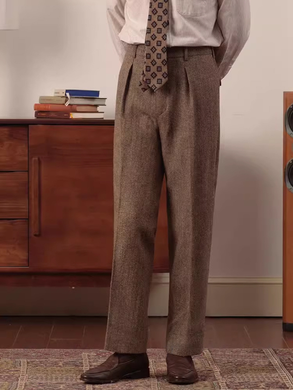 Мъжки италиански slim-fit панталони с двойни плисиета, прав силует, ежедневни дълги панталони, есенно-зимни, рибена кост