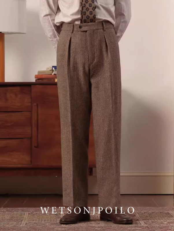 Мъжки италиански slim-fit панталони с двойни плисиета, прав силует, ежедневни дълги панталони, есенно-зимни, рибена кост