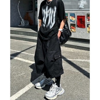 Muške traperice cargo s kaprijom duljinom, visokim strukom, retro streetwear, široke nogavice, velike džepove