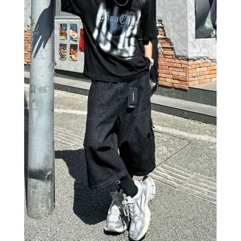 Muške traperice cargo s kaprijom duljinom, visokim strukom, retro streetwear, široke nogavice, velike džepove