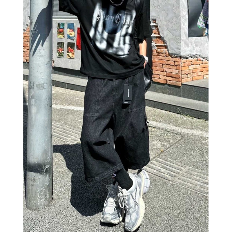 Muške traperice cargo s kaprijom duljinom, visokim strukom, retro streetwear, široke nogavice, velike džepove