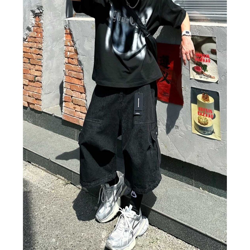 Muške traperice cargo s kaprijom duljinom, visokim strukom, retro streetwear, široke nogavice, velike džepove