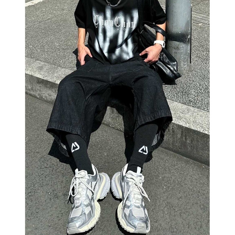 Muške traperice cargo s kaprijom duljinom, visokim strukom, retro streetwear, široke nogavice, velike džepove