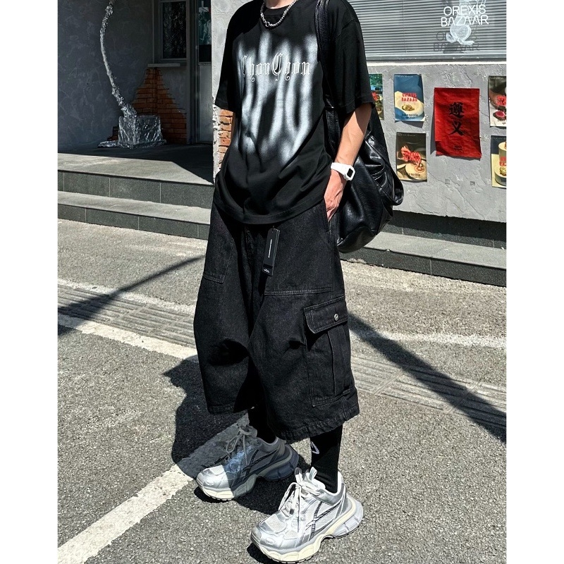 Muške traperice cargo s kaprijom duljinom, visokim strukom, retro streetwear, široke nogavice, velike džepove