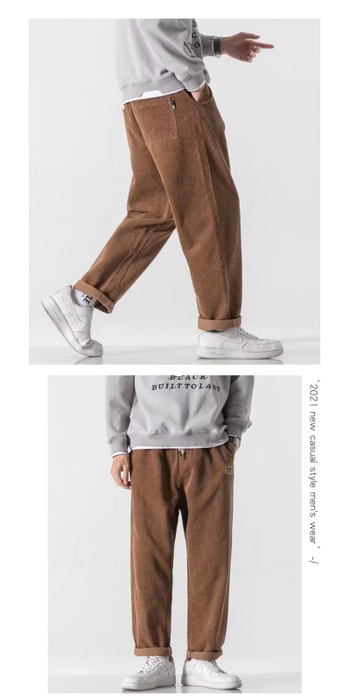 Muške hlače corduroy s flecom, cropped duljina, uski kroj s drapanjem, casual hlače u stilu odijela