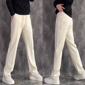 Мъжки премиум панталони с драпирана текстура и прав крак, за пролетно-есен модел, минималистични едноцветни спортно-елегантни