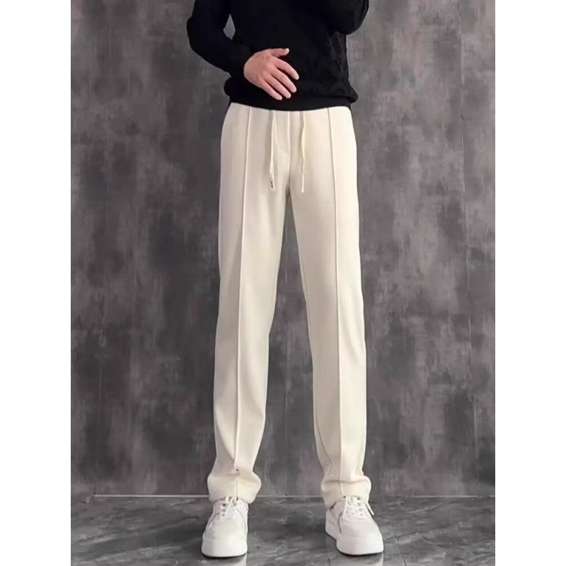 Мъжки премиум панталони с драпирана текстура и прав крак, за пролетно-есен модел, минималистични едноцветни спортно-елегантни