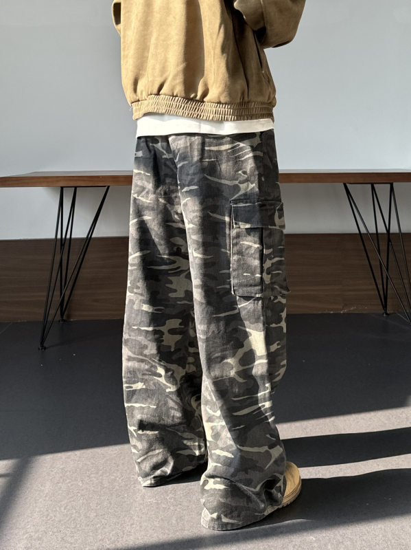 Мъжки панталони в американски стил с прав и широк крак, камуфлажни, ежедневни за есента, винтидж работен стил