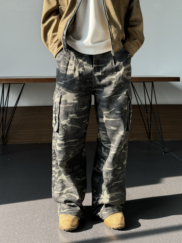 Мъжки панталони в американски стил с прав и широк крак, камуфлажни, ежедневни за есента, винтидж работен стил
