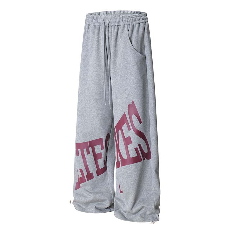 Мъжки спортни панталони с връзки, щампа с големи букви, прави крачоли, свободни, памук