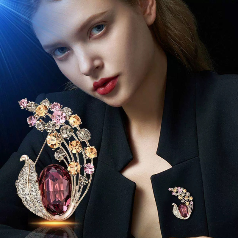 Broșă cu floare de cristal, stil retro european-american, execuție de înaltă calitate pentru paltoane și costume