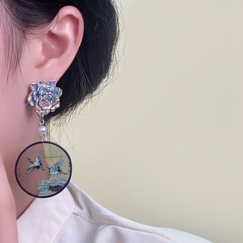 Cirkularne naušnice s motivom cranea, retro geometrijski dizajn, kineski stil za Hanfu i cheongsam, s cvjetnim perlama