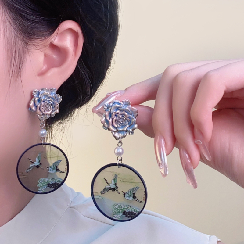 Cirkularne naušnice s motivom cranea, retro geometrijski dizajn, kineski stil za Hanfu i cheongsam, s cvjetnim perlama