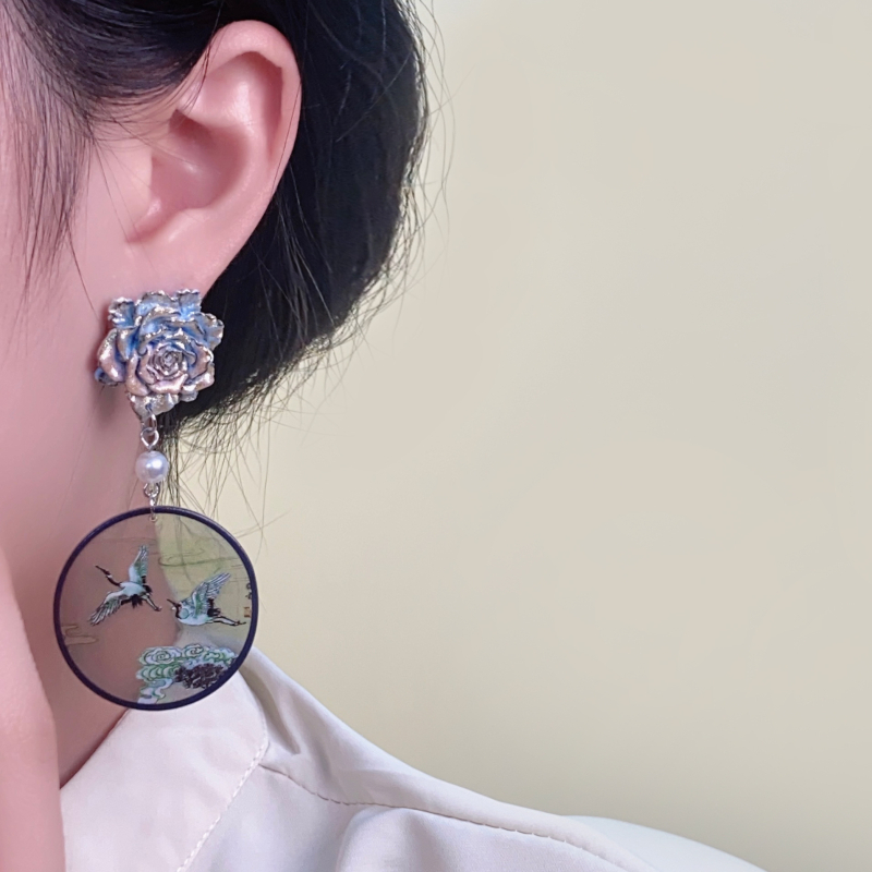 Cirkularne naušnice s motivom cranea, retro geometrijski dizajn, kineski stil za Hanfu i cheongsam, s cvjetnim perlama