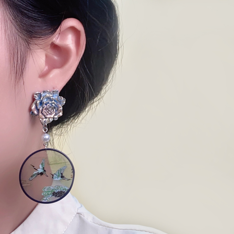 Cirkularne naušnice s motivom cranea, retro geometrijski dizajn, kineski stil za Hanfu i cheongsam, s cvjetnim perlama