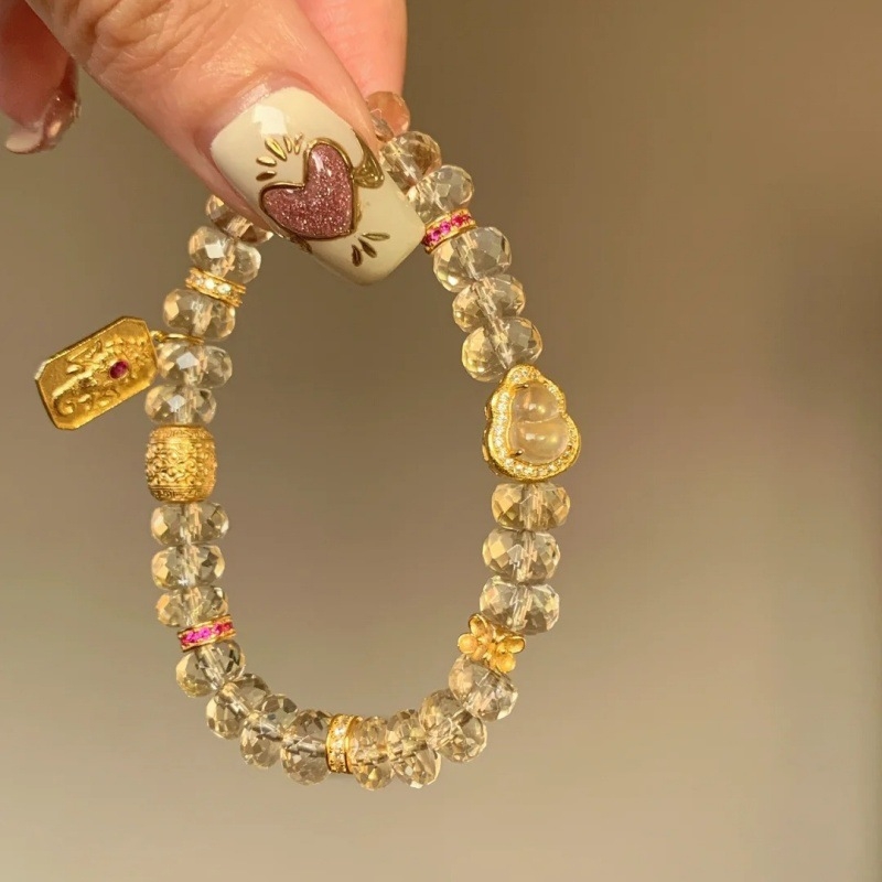 Narukvica s perlicama u novokineskom stilu, sjajni facetirani kristali brazilski prirodni citrin i privjesak u obliku jade tikve, Gold Elephant marka, lagani dojam luksuza.
