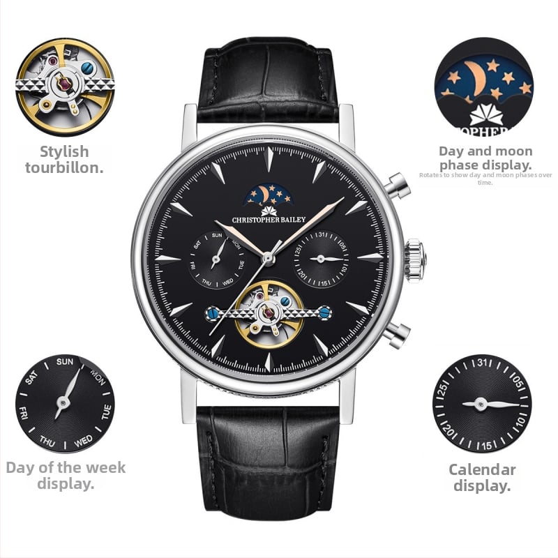 Pánske skeleton hodinky s dvoma časovými zónami, automatický pohyb, európsko-americký štýl