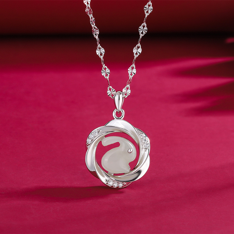 Difeng s999 Sterling Srebro Hetian Jade Slatki Zec Ogrlica – Originalni dizajn, privjesak od Hetian jade, lanac za ključnicu, azijsko nadahnuće