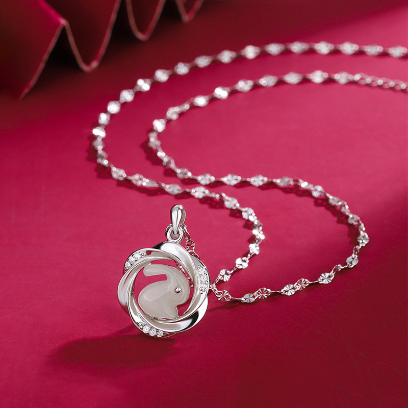 Difeng s999 Sterling Srebro Hetian Jade Slatki Zec Ogrlica – Originalni dizajn, privjesak od Hetian jade, lanac za ključnicu, azijsko nadahnuće