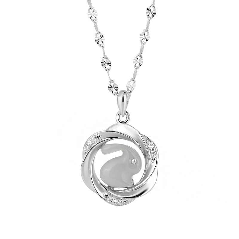 Difeng s999 Sterling Srebro Hetian Jade Slatki Zec Ogrlica – Originalni dizajn, privjesak od Hetian jade, lanac za ključnicu, azijsko nadahnuće