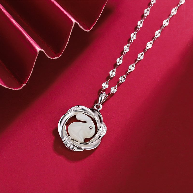 Difeng s999 Sterling Srebro Hetian Jade Slatki Zec Ogrlica – Originalni dizajn, privjesak od Hetian jade, lanac za ključnicu, azijsko nadahnuće