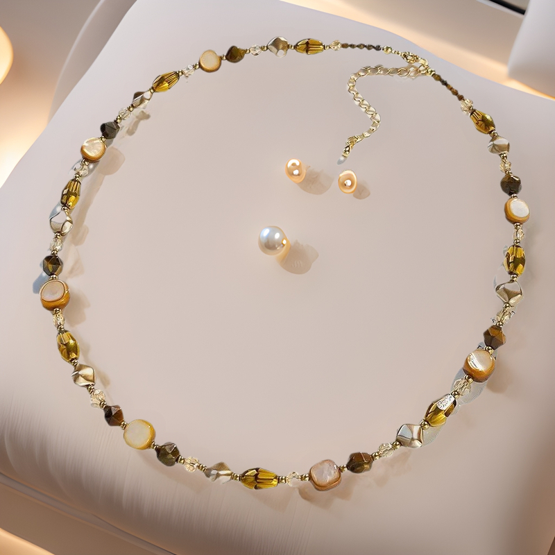 Nakit za ključnu kost s prirodnim tigrovim okom i smeđim perlama, ručno izrađeno, geometrijski stil, za žene