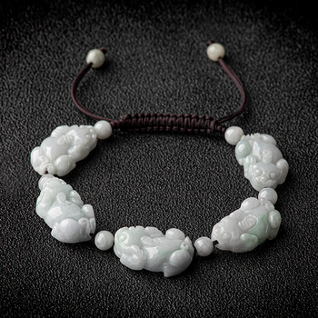 Prirodni burmanski jade Pixiu narukvica s ledenim jade kuglicama, ručno pleteni, 10 mm, etnički stil, unisex