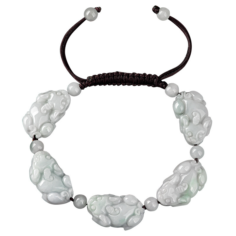 Prirodni burmanski jade Pixiu narukvica s ledenim jade kuglicama, ručno pleteni, 10 mm, etnički stil, unisex