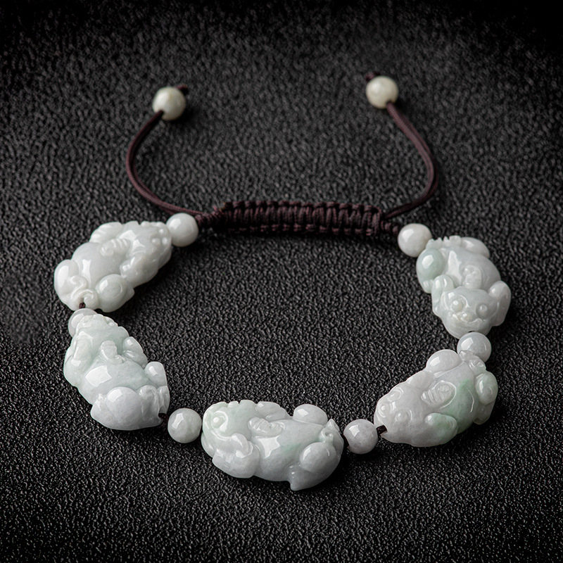 Prirodni burmanski jade Pixiu narukvica s ledenim jade kuglicama, ručno pleteni, 10 mm, etnički stil, unisex