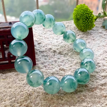 Autentična prirodna narukvica od nefrita s plivajućim cvjetnim uzorkom, smaragdno zelena boja, Dulong jade, unisex okrugle perle
