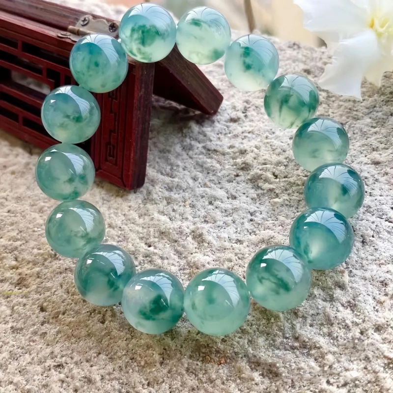 Autentična prirodna narukvica od nefrita s plivajućim cvjetnim uzorkom, smaragdno zelena boja, Dulong jade, unisex okrugle perle
