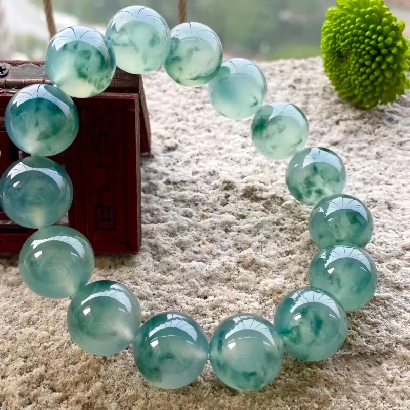 Autentična prirodna narukvica od nefrita s plivajućim cvjetnim uzorkom, smaragdno zelena boja, Dulong jade, unisex okrugle perle