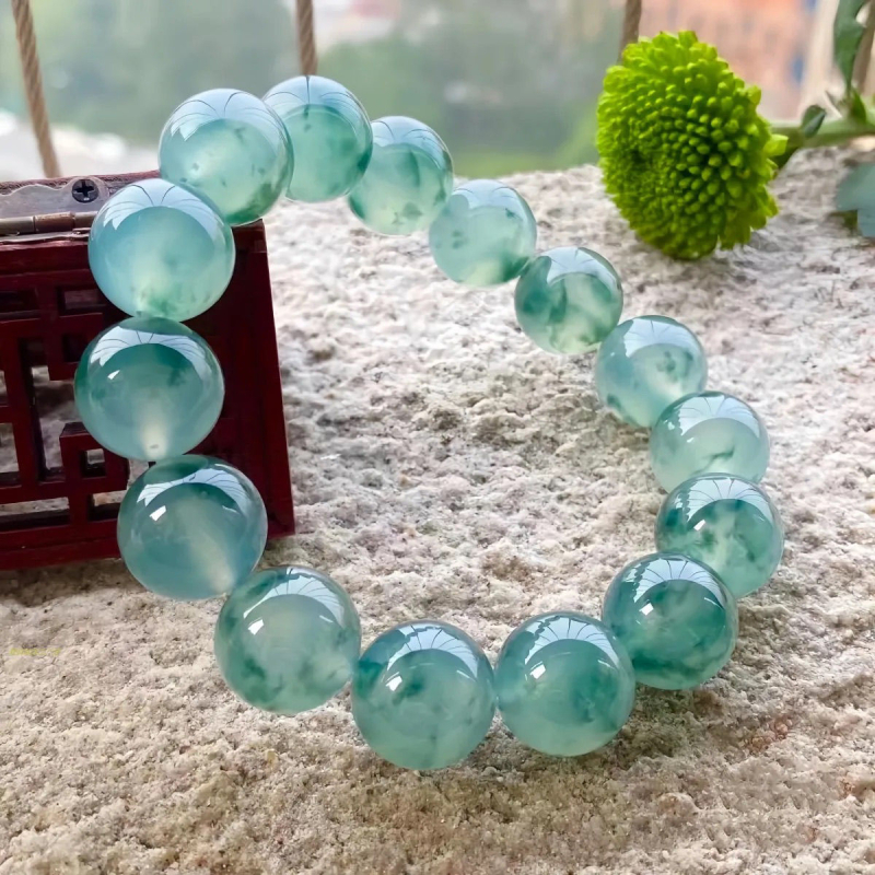 Autentična prirodna narukvica od nefrita s plivajućim cvjetnim uzorkom, smaragdno zelena boja, Dulong jade, unisex okrugle perle
