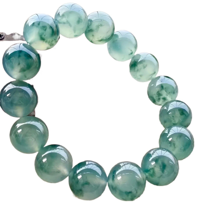 Autentična prirodna narukvica od nefrita s plivajućim cvjetnim uzorkom, smaragdno zelena boja, Dulong jade, unisex okrugle perle